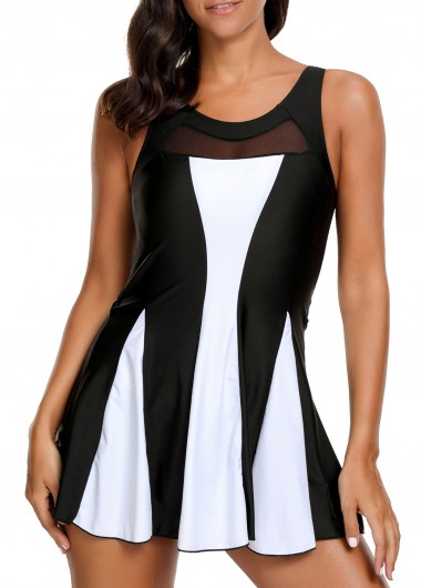 Modlily Color Block Mesh Panel Keyhole Back One Piece Swimdress Swimsuit for Women - XXL