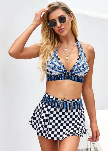 Modlily Checkered Print Halter Buckle Detail Bikini Set - XL