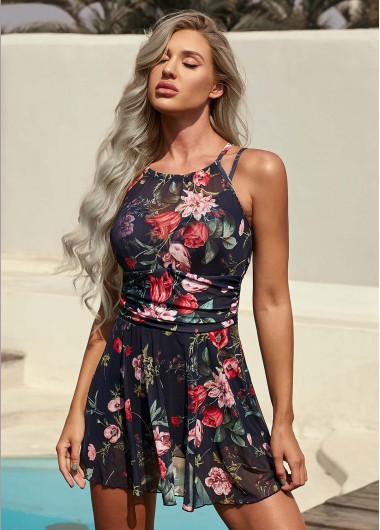 Modlily Floral Print Tie Back Swimdress and Shorts - M