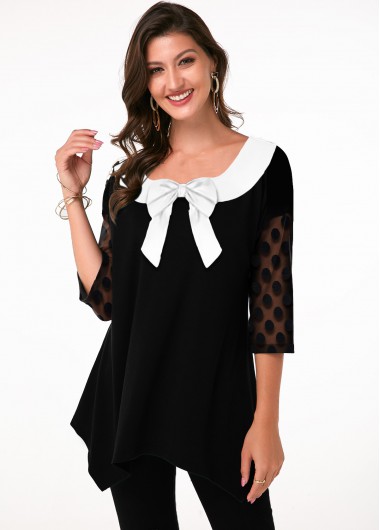 Modlily Dot Mesh Sleeve Bowknot Tunic Top - M