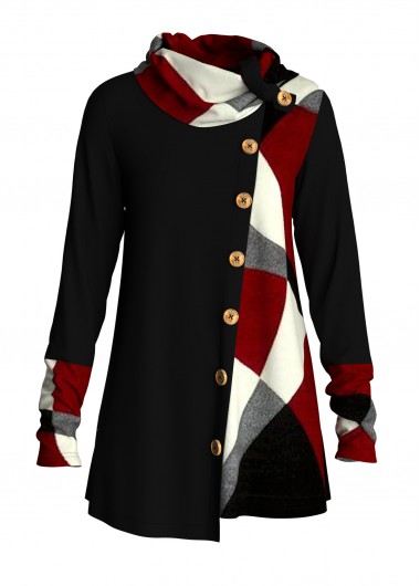 Modlily Geometric Print Decorative Button Tunic Top - M