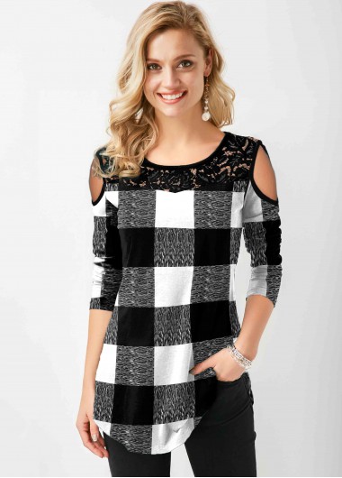 Modlily Plaid Cold Shoulder Lace Stitching T Shirt - M