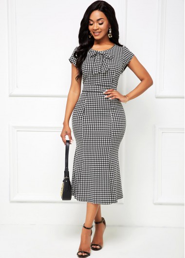 Modlily Houndstooth Print Bowknot Detail Mermaid Dress - M