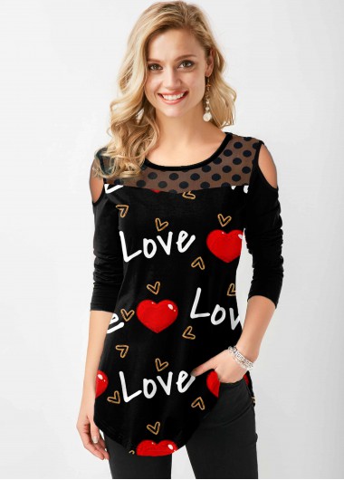 Modlily Polka Dot Letter Heart Print Cold Shoulder T Shirt - S