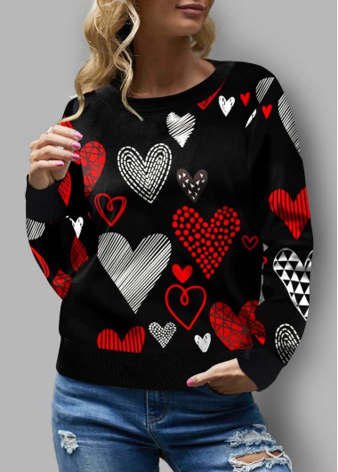 Modlily Heart Print Round Neck Long Sleeve Sweatshirt - M