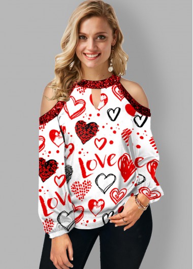 Modlily Cold Shoulder Heart Print Keyhole Neckline T Shirt - M