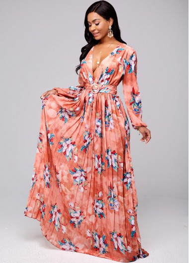 Modlily Buckle Belted Floral Print Pleated Hem Dress - L