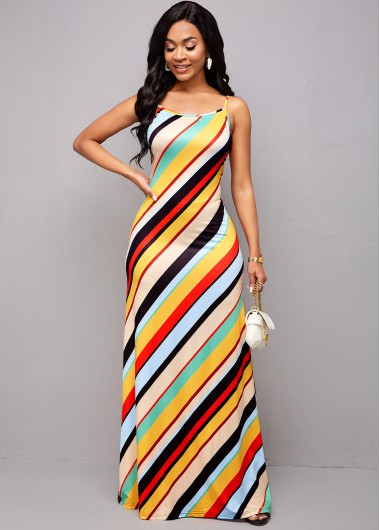 Modlily Rainbow Stripe Spaghetti Strap Maxi Dress - S
