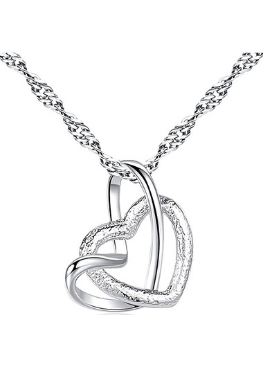 Modlily Double Heart Design Silver Metal Necklace - One Size