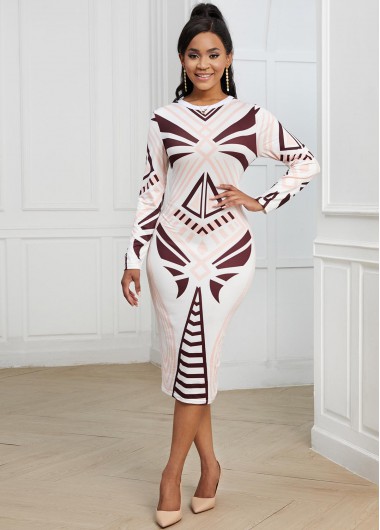 Modlily Geometric Print Round Neck Long Sleeve Dress - M