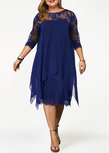 Modlily Plus Size Dress Lace Panel Dress Straight Dress Overlay Dress 3/4 Sleeve Dress Royal Blue Dress Elegant Dress - 4X