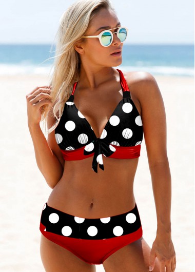 Modlily Polka Dot Halter Bowknot Bikini Set - XXL