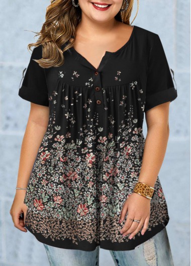 Modlily Plus Size Floral Print Button Detail T Shirt - 4X