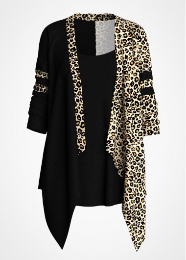 Image of Asymmetric Hem Leopard Faux Two Piece T Shirt - M