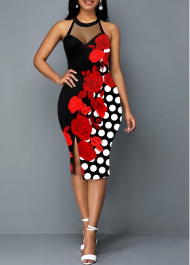 Modlily Polka Dot Floral Print Side Slit Dress - L