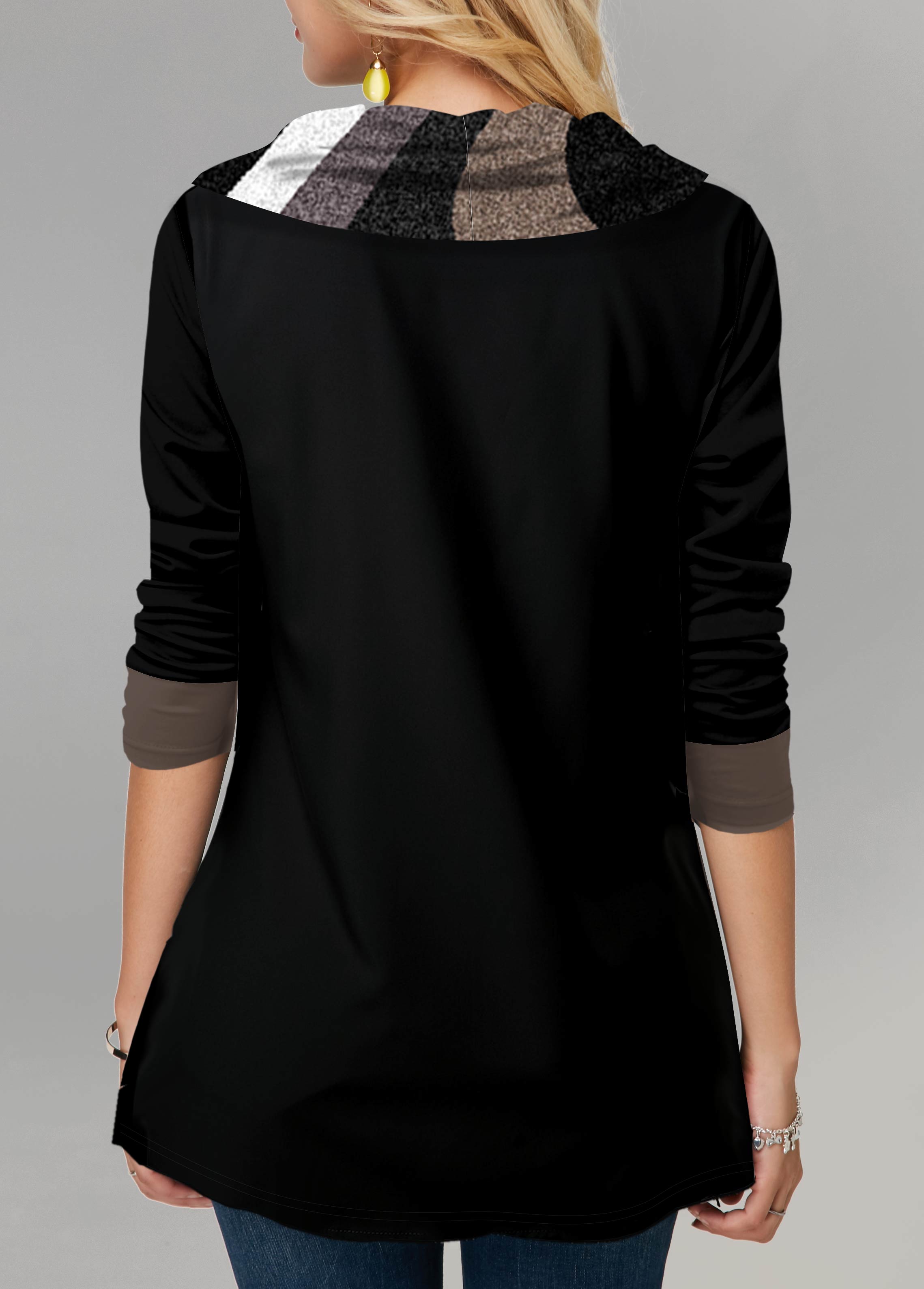 Black Decorative Button Contrast Color Long Sleeve Sweatshirt