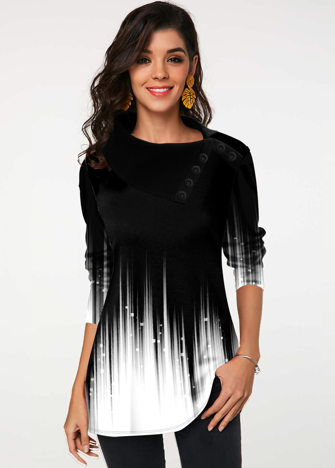 White Decorative Button Ombre Long Sleeve T Shirt | picture 