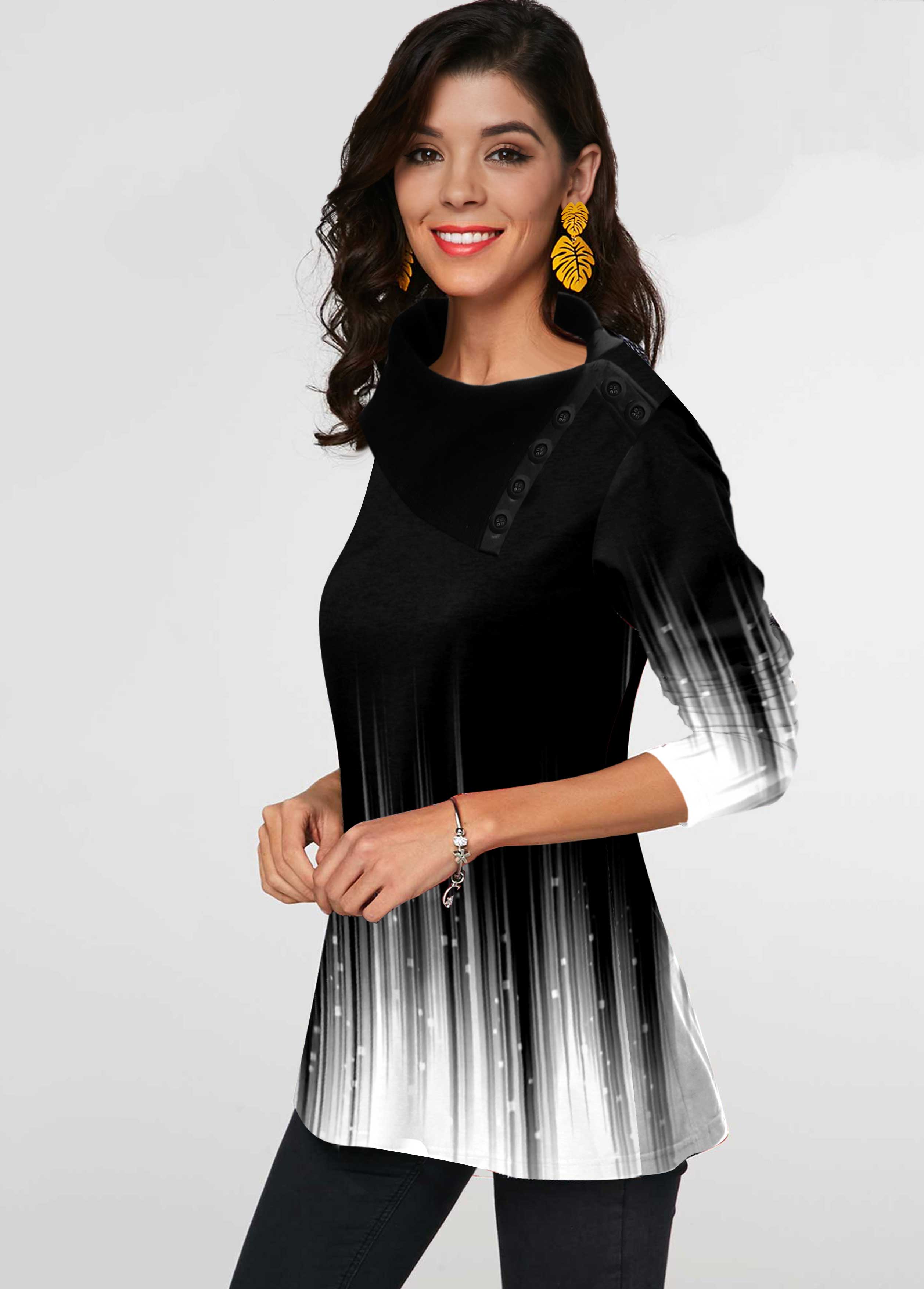 White Decorative Button Ombre Long Sleeve T Shirt | picture 