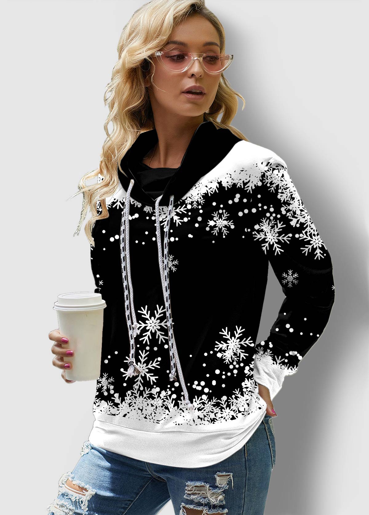Long Sleeve Black Christmas Snowflake Print Sweatshirt