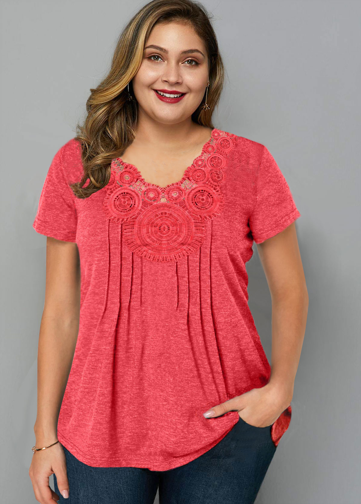 Crinkle Chest Short Sleeve Coral Red T Shirt