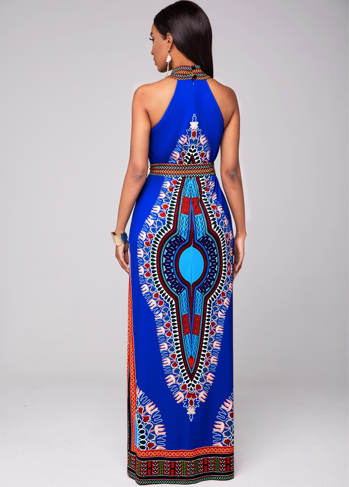 Dashiki Print Belted Bib Neck Maxi Dress