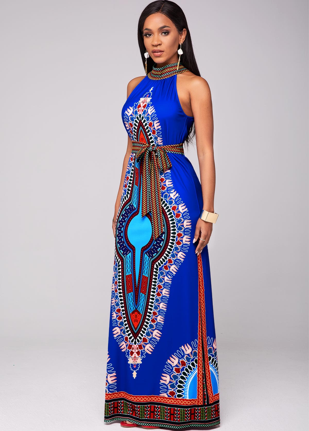 Dashiki Print Belted Bib Neck Maxi Dress