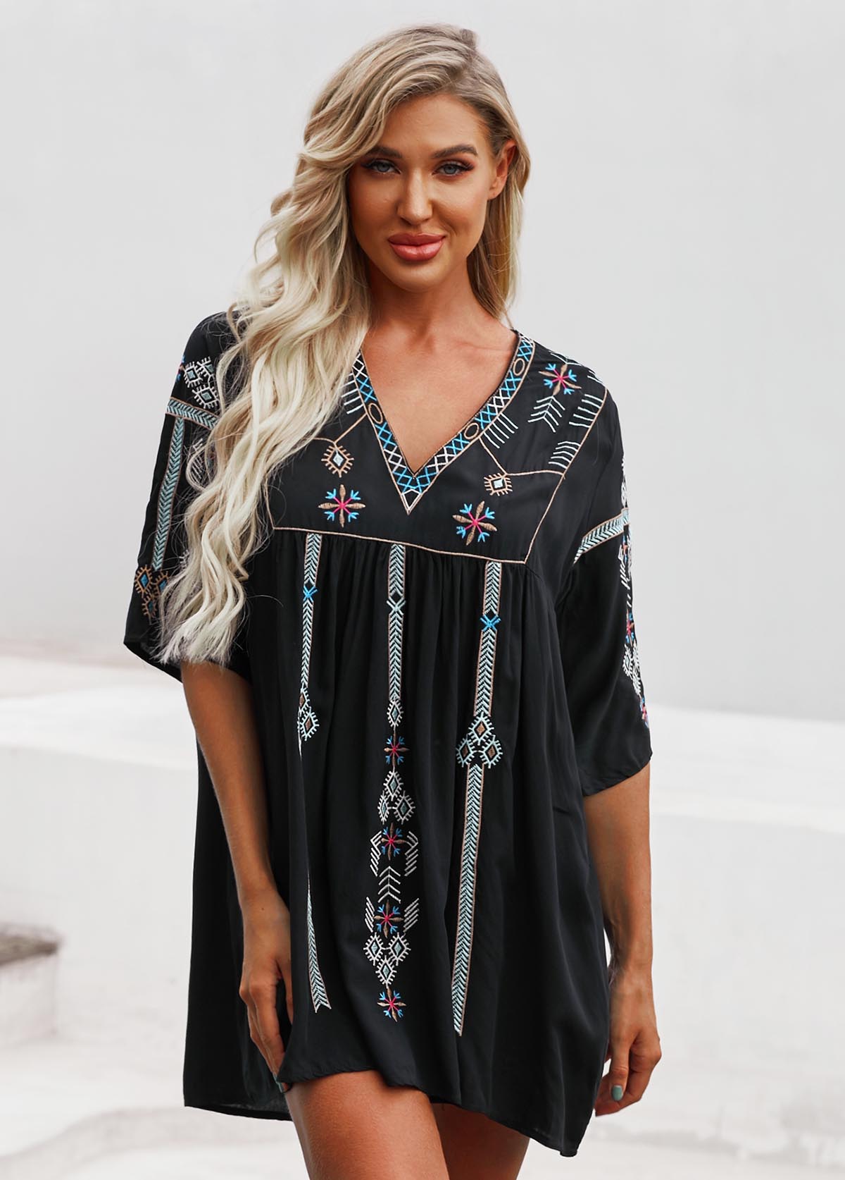 Embroidered V Neck 3/4 Sleeve Cover Up