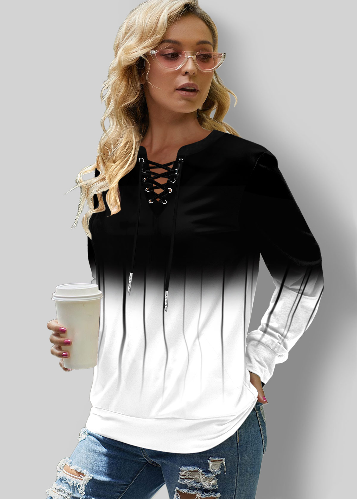 Lace Up Plus Size Ombre Print Long Sleeve Sweatshirt