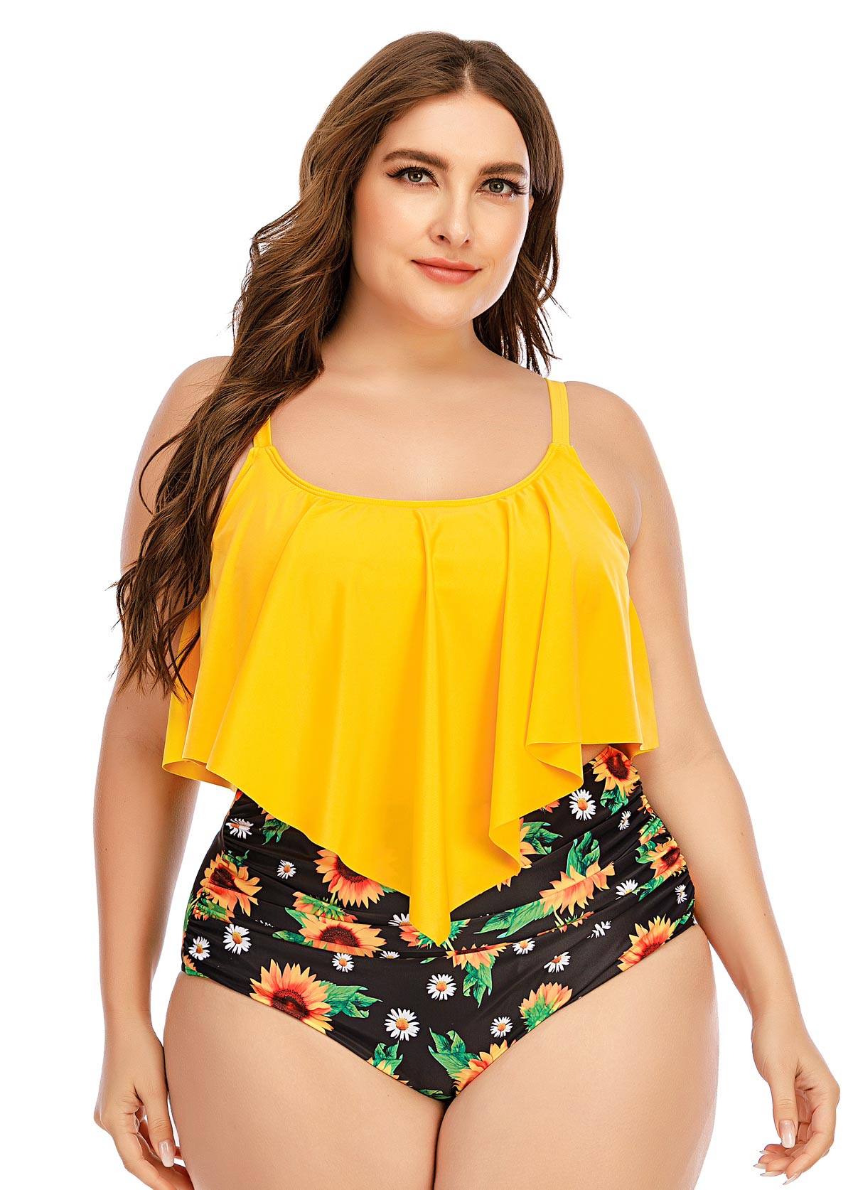 Plus Size Sunflower Print Asymmetric Hem Bikini Set