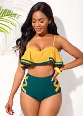 Ruffle Hem Contrast Spaghetti Strap High Waisted Bikini Set