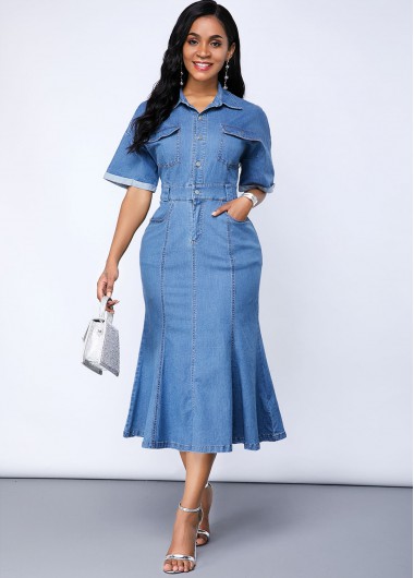 Modlily Cutout Back Button Up Pocket Denim Dress - M