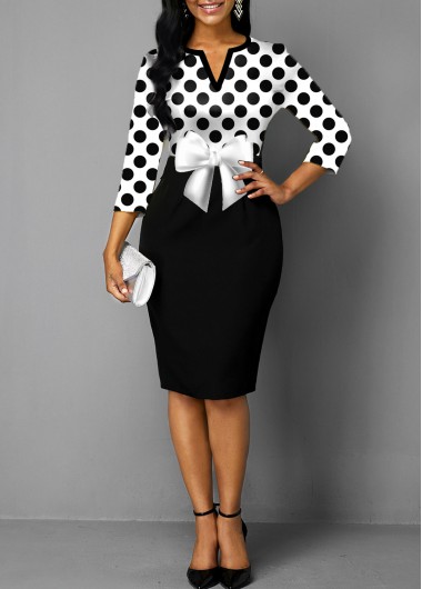 Modlily Polka Dot Bowknot Split Neck Dress - XXL