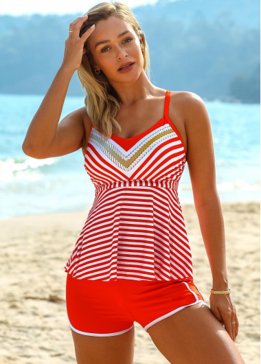 Modlily Striped Spaghetti Strap Cross Strap Tankini Set - L