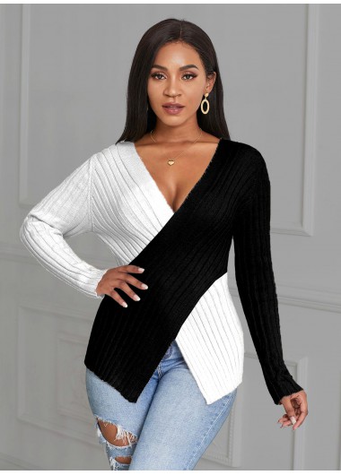 Modlily Cross Front Asymmetric Hem Color Block Sweater - M