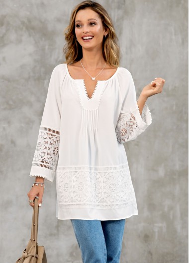 Modlily Split Neck Lace Stitching 3/4 Sleeve Blouse - M