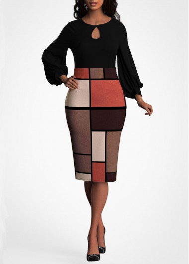 Modlily Geometric Print Lantern Sleeve Keyhole Neckline Dress - S