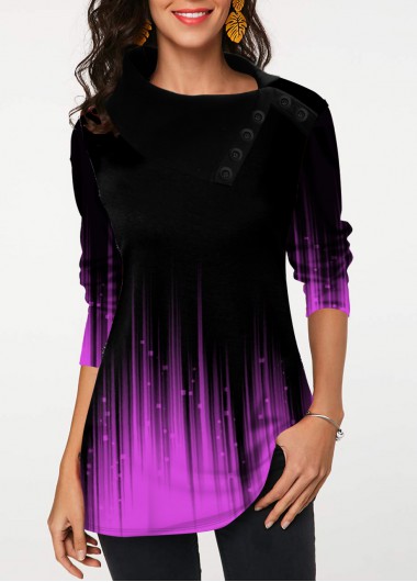 Modlily Gradient Button Detail Long Sleeve Tunic Top - M