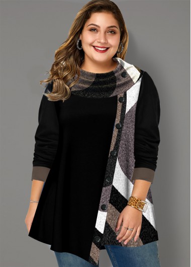 Modlily Contrast Button Detail Asymmetric Hem Tunic Top - 3X