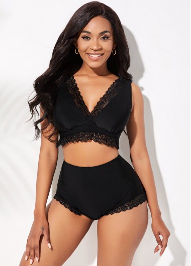 Modlily Lace Stitching Wide Strap High Waist Bikini Set - XXL