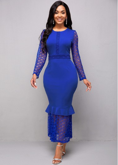 Modlily Lace Stitching Round Neck Long Sleeve Mermaid Dress - M