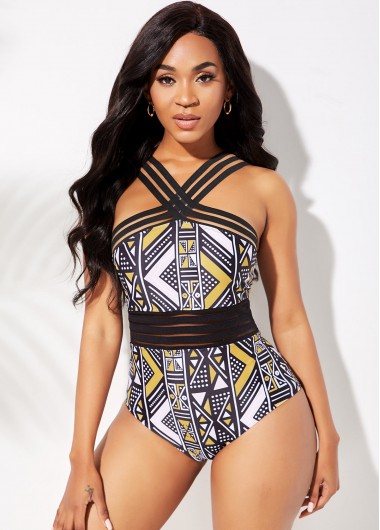 Modlily Tribal Print Cross Front One Piece Swimwear - M