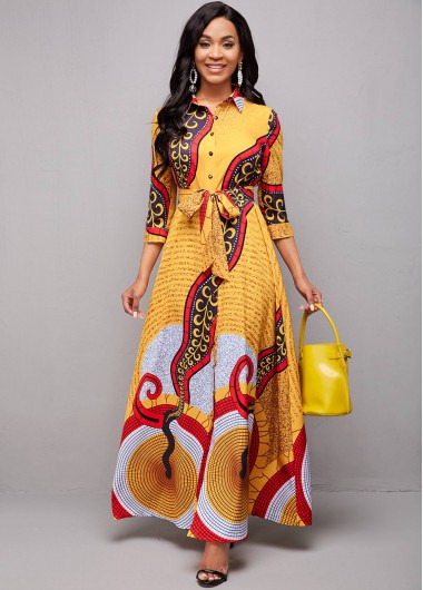 Modlily Tribal Print Belted Turndown Collar Dress - S