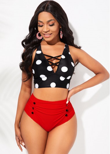 Modlily Lace Up Polka Dot Button Detail High Waisted Bikini Set - S