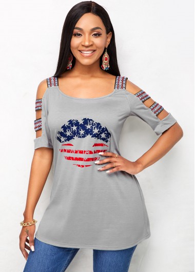 Modlily American Flag Print Ladder Cutout Sleeve T Shirt - S