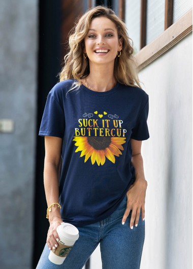 Modlily Sunflower and Letter Print Short Sleeve T Shirt - 2XL