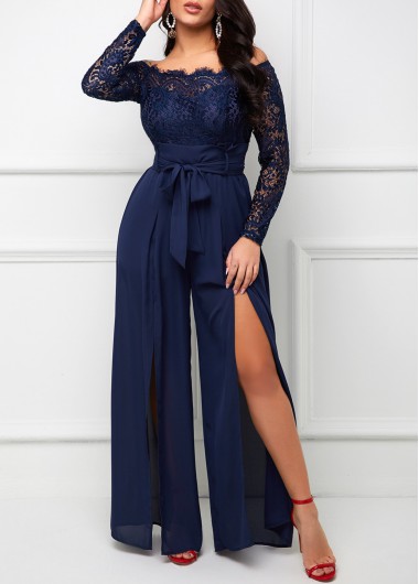 Modlily Lace Stitching Off Shoulder Long Sleeve Jumpsuit - M