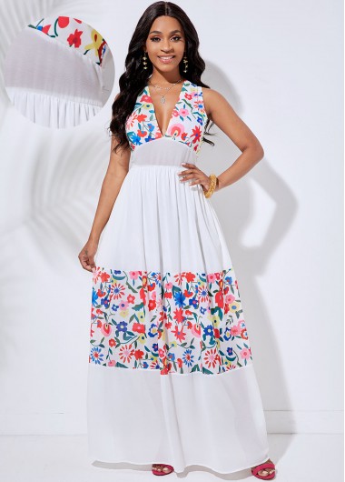 Modlily V Neck Floral Print Cutout Back Dress - S