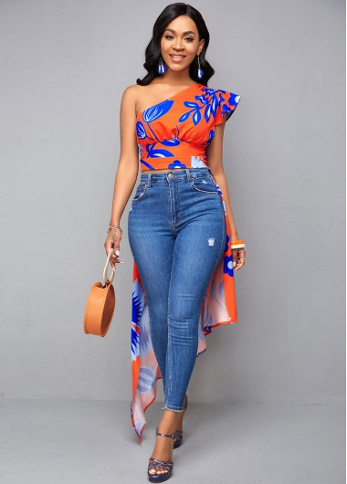 Modlily Skew Neck Floral Print Dip Hem Blouse - M