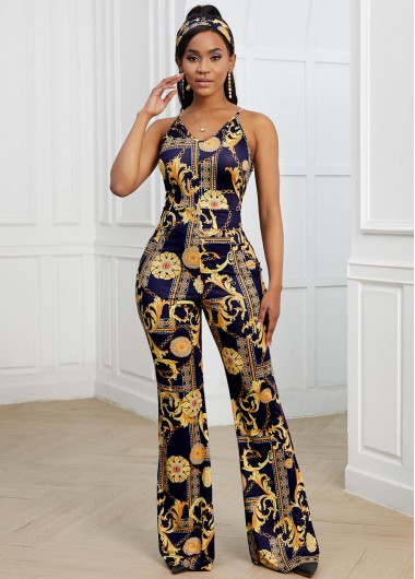 Modlily Baroque Print Spaghetti Strap Flare Jumpsuit - XL