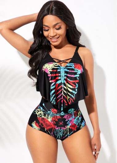 Modlily High Waist Skeleton Print Cutout Neck Bikini Set - M